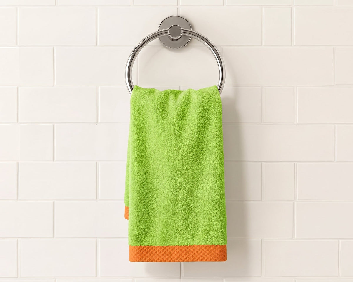 A bright lime green hand towel with an orange textured border hanging from a silver metal circular towel ring on a white subway tile wall.