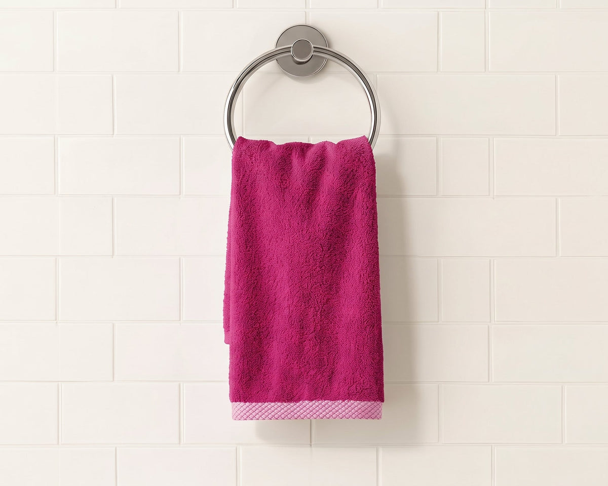 A bright magenta bath towel with a pink patterned border hangs from a silver metal ring on a white subway tile wall.