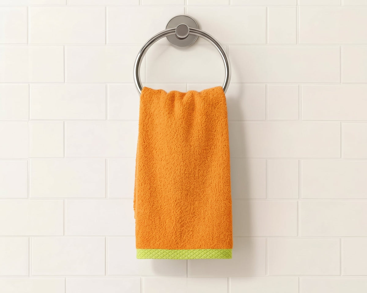 An orange hand towel with a lime green patterned border hangs from a round silver metal towel ring mounted on a white subway tile wall.